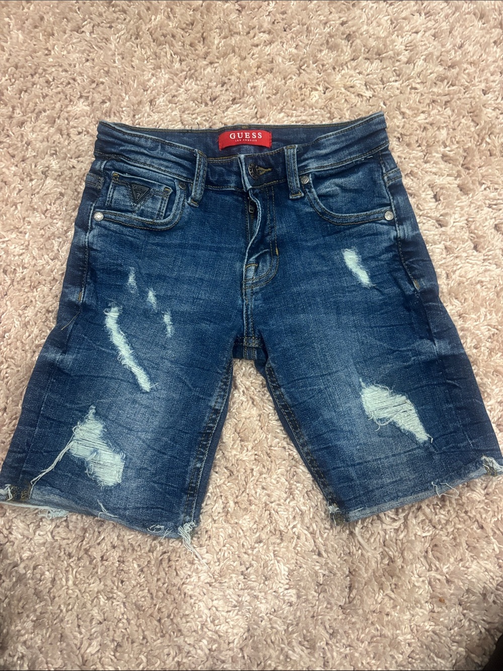 Boys GUESS Blue Distressed Denim Bermuda Shorts